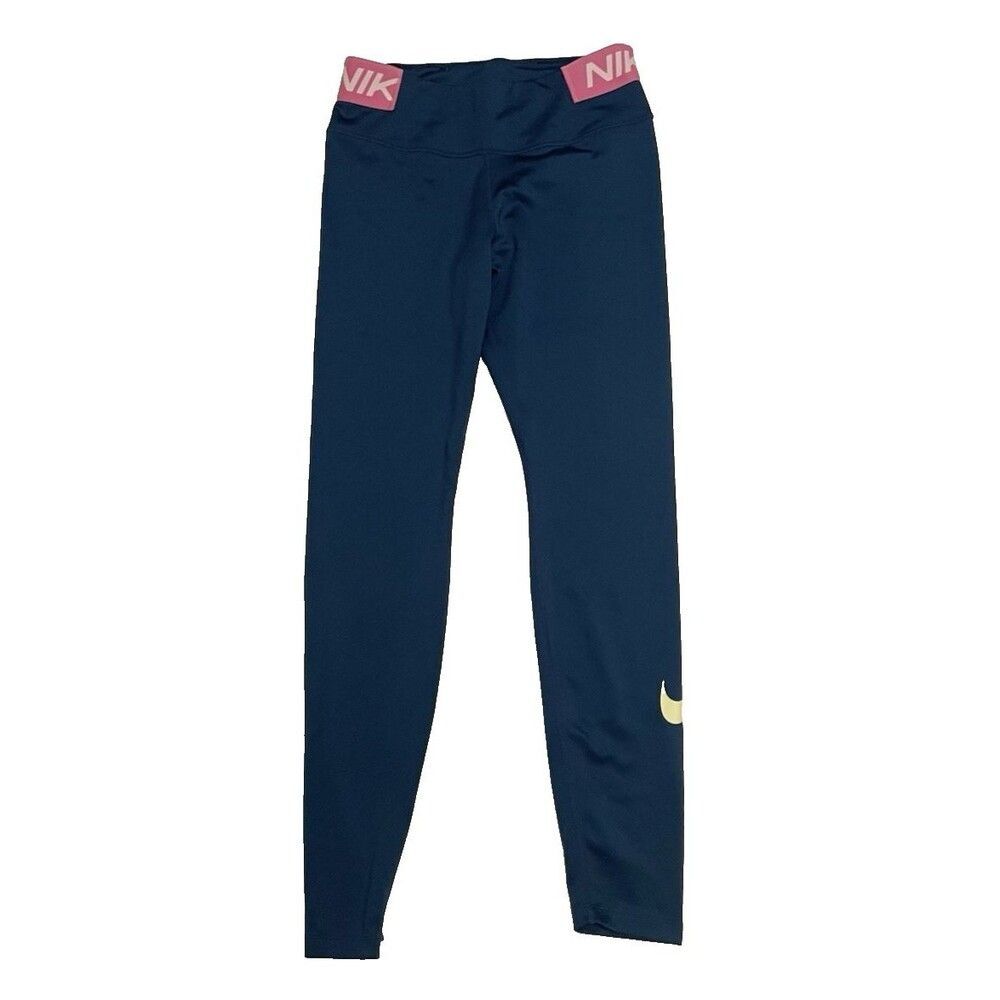 Nike Athletic Running Pants L Large 28" Leggings Blue Pink Stretch Mini Pocket